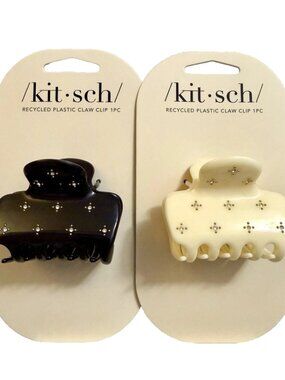 Kit•sch Medium Black & Ivory Rhinestone Gold Studs Cloud Claw Clip 2pc New Lot